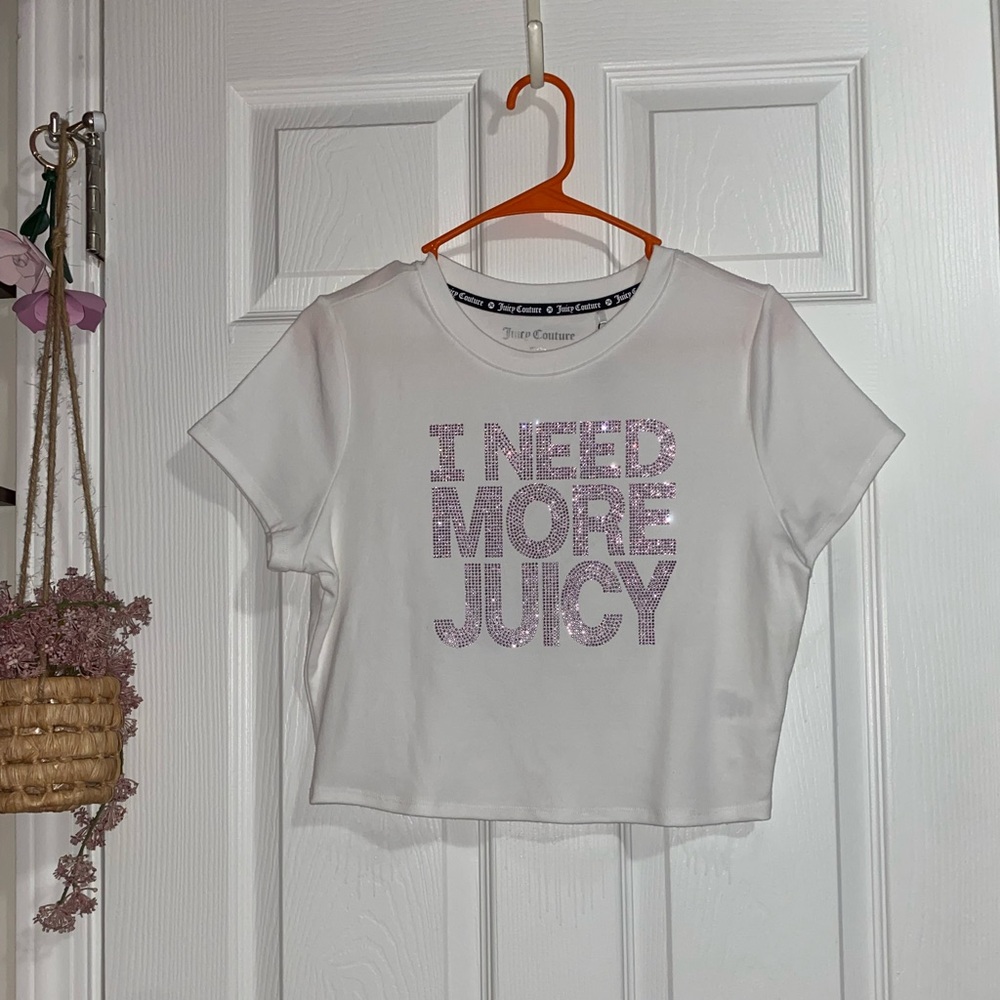 Juicy Couture White Cropped Tee with Pink Rhinestone Text